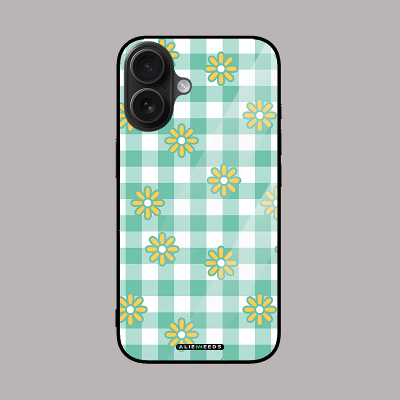 Checkered pattern with yellow flowers glass case by alienneeds.