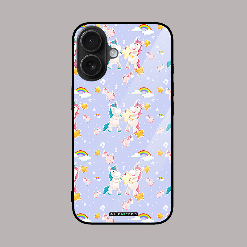 Unicorn on purple glass phone case – whimsical design.