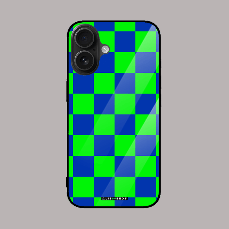 Blue and green checkered glass case by alienneeds – unique pattern.