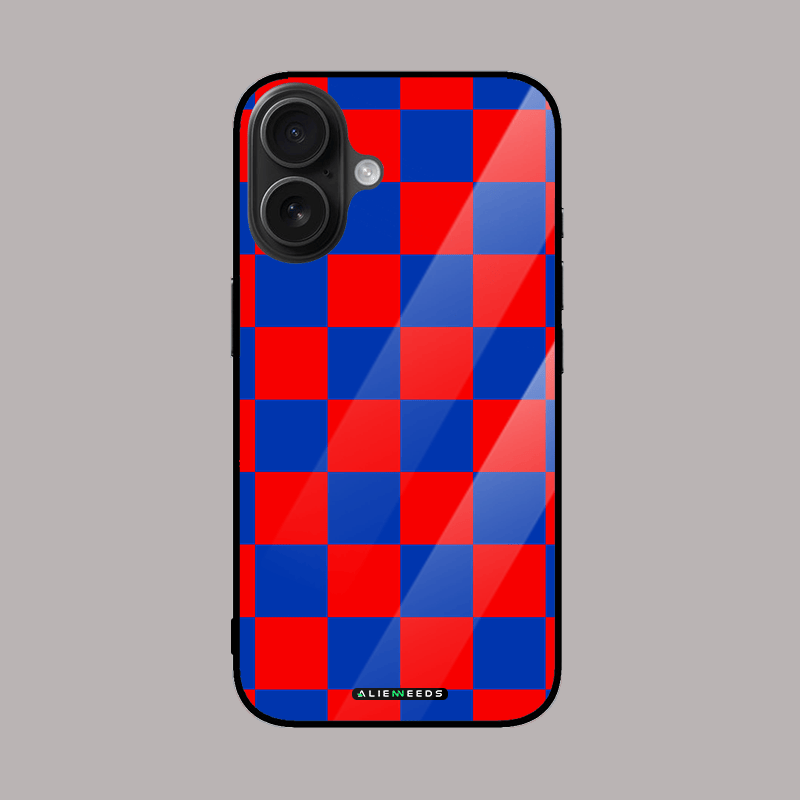 Red and blue checkered mobile phone cover – vibrant glass case.