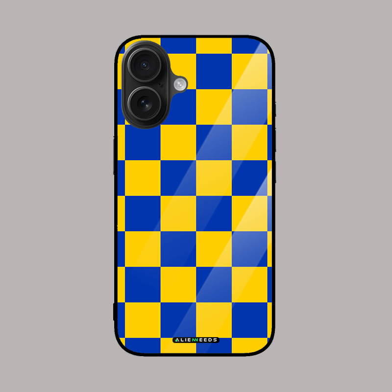 Blue and yellow checkered glass case by alienneeds – colorful design.