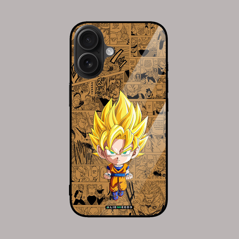 Tiny Goku mobile phone cover – fun anime glass case.