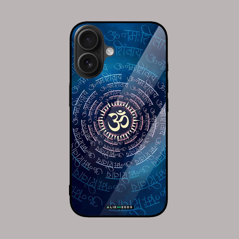 Om Namo Shivaiya colorful glass case by alienneeds – spiritual design.