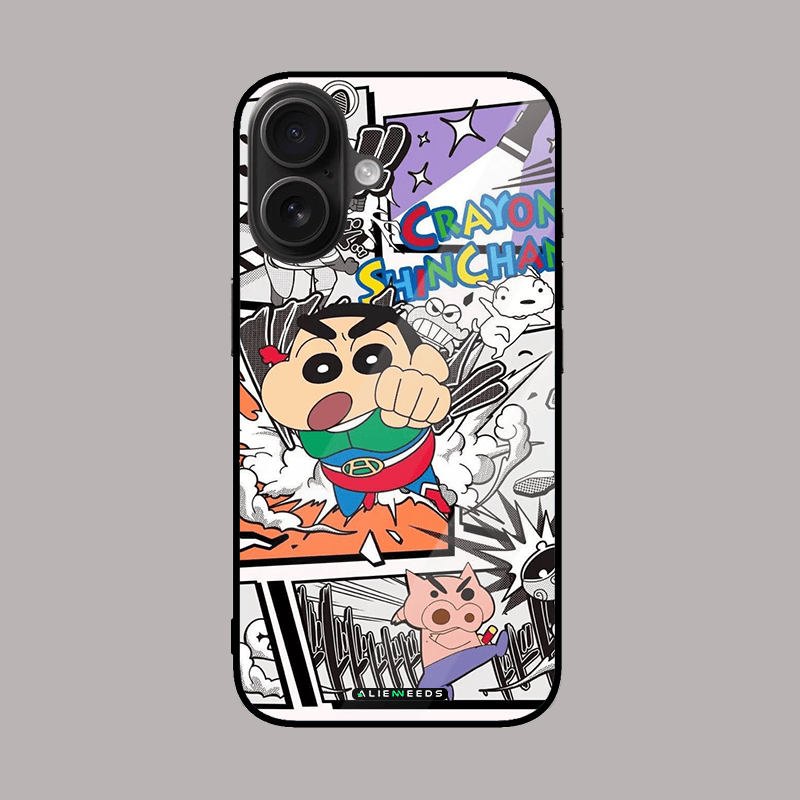 Crayon Shinchan glass phone cover by alienneeds – fun cartoon.