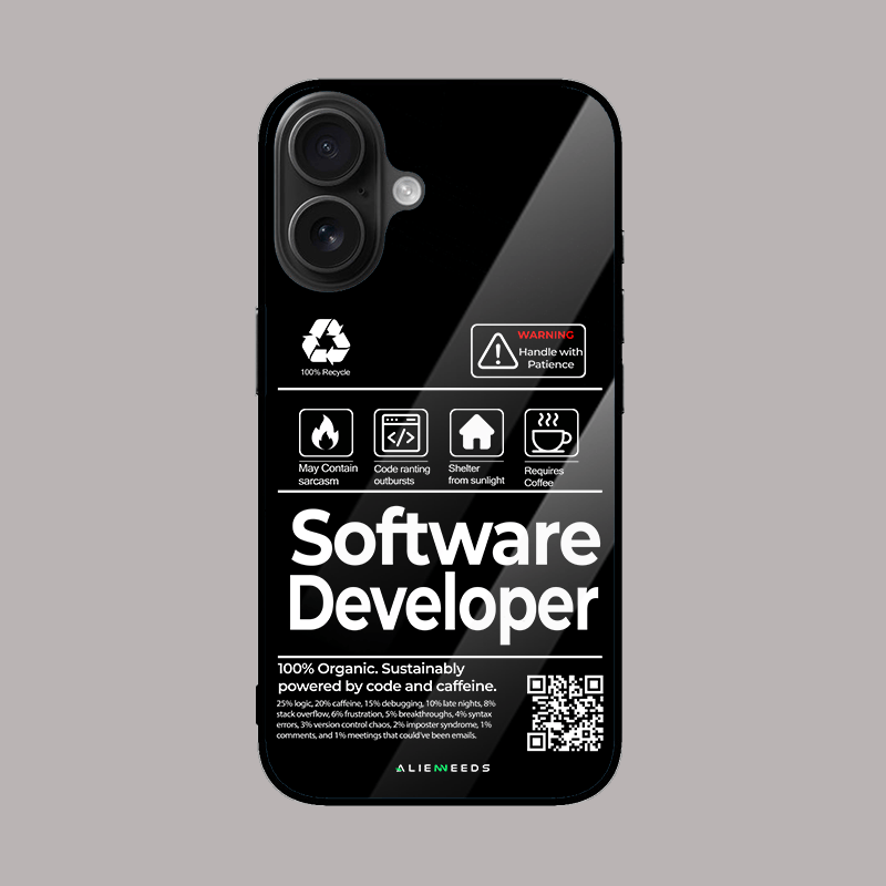 The Software Developer phone cover – tech-themed glass case.