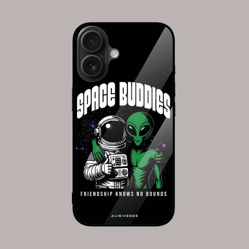 Space buddies mobile phone cover – fun glass case.