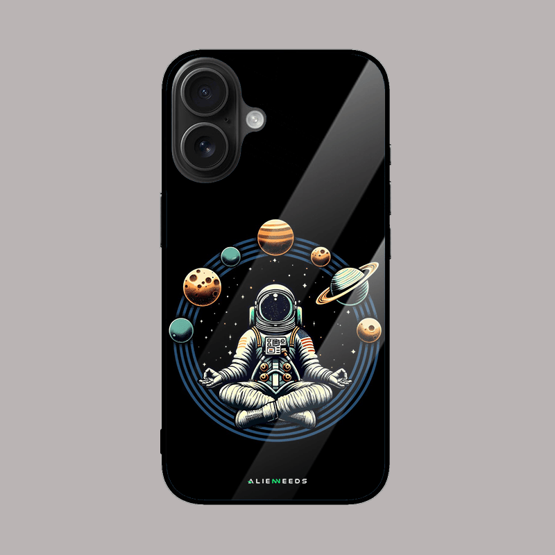 Astronaut meditative pose glass case – calm design.