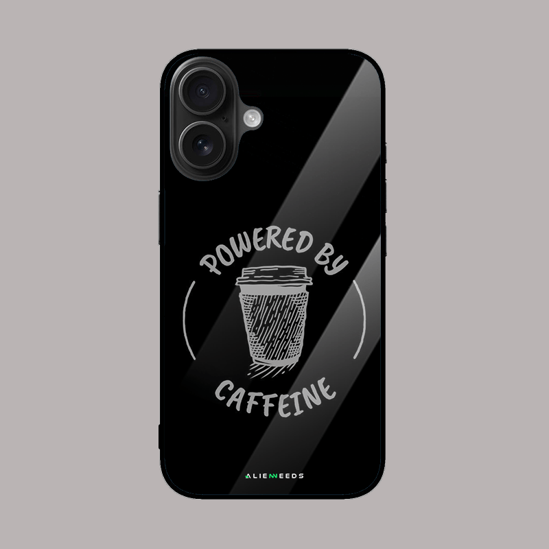 Powered by caffeine glass phone case by alienneeds – fun design.
