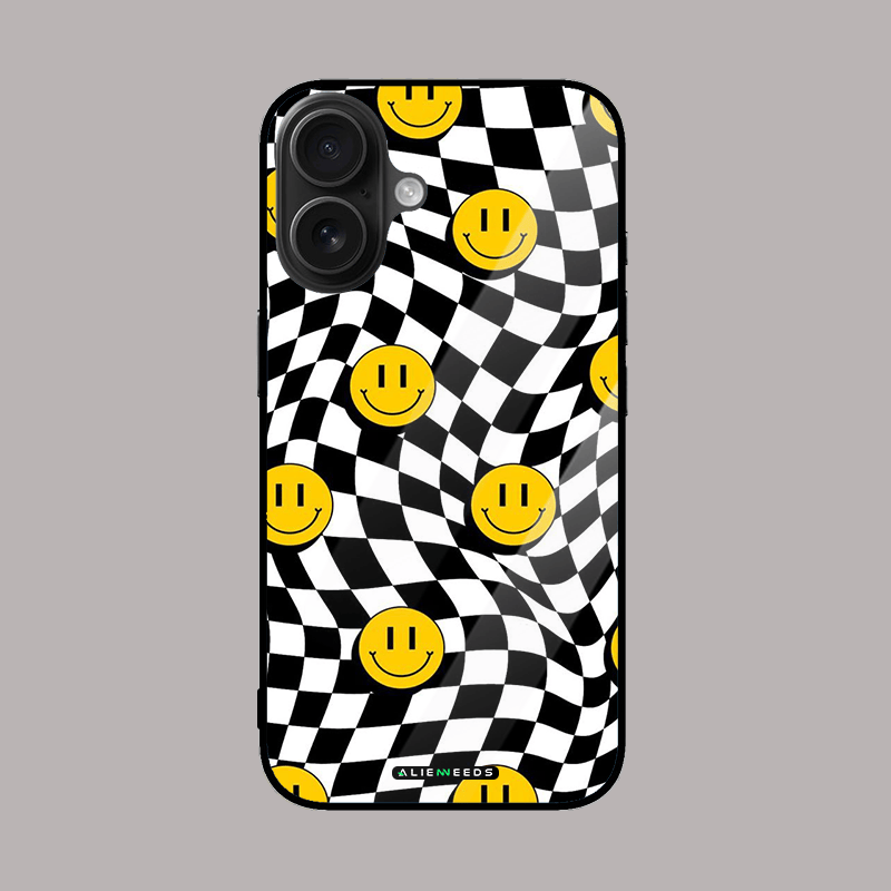 Smiley with checkered pattern phone case – playful glass cover by alienneeds.