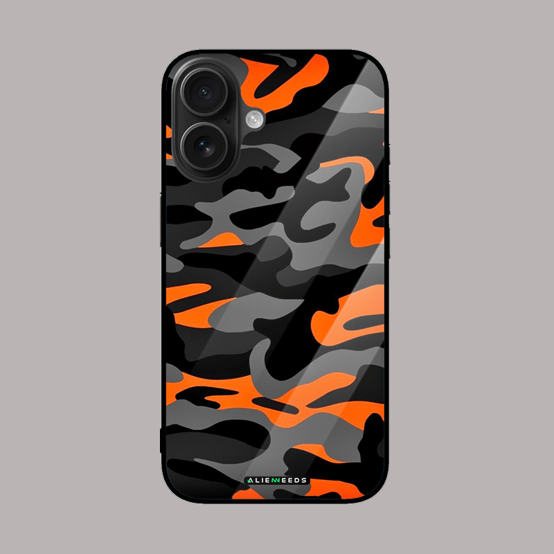 Orange and black camouflage mobile cover – rugged glass case by alienneeds.