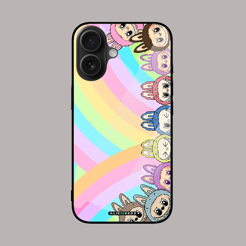 Labubu colorful background glass case – vibrant phone cover by alienneeds.