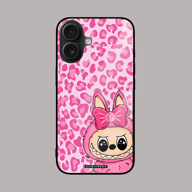 Labubu pink cheetah pattern phone case – bold and stylish.