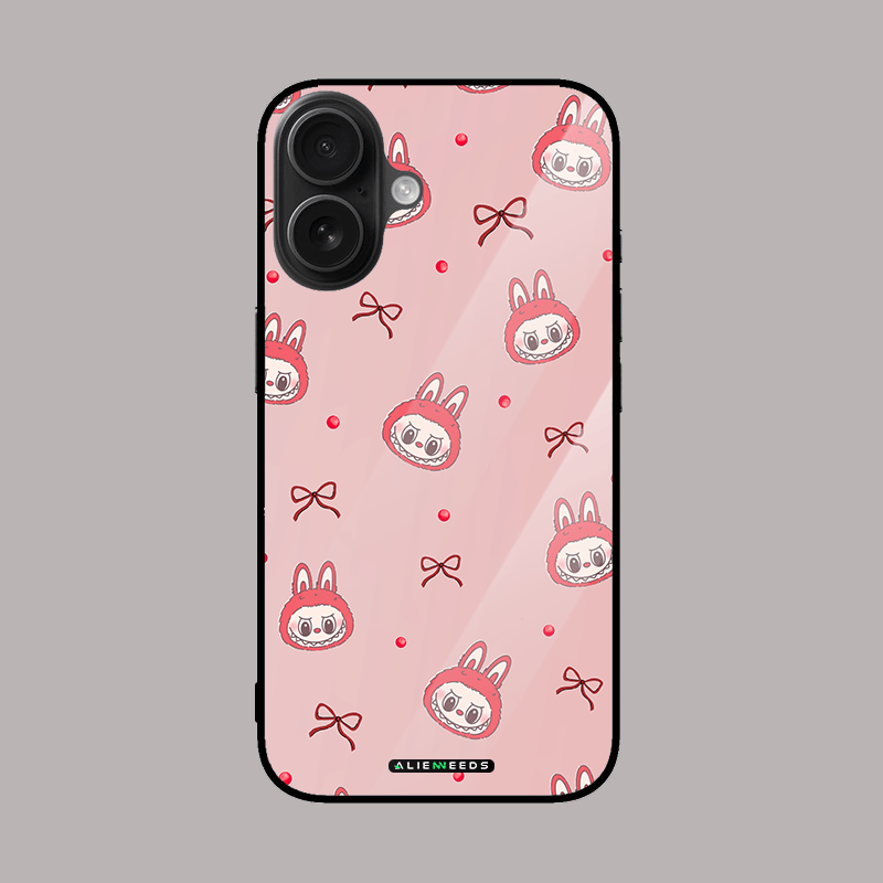 Pink Labubu with bow mobile phone cover – adorable glass case by alienneeds.