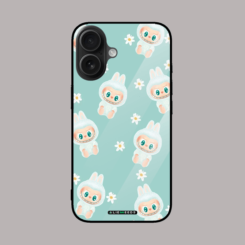 Labubu with bluish pattern phone case – stylish glass back by alienneeds.
