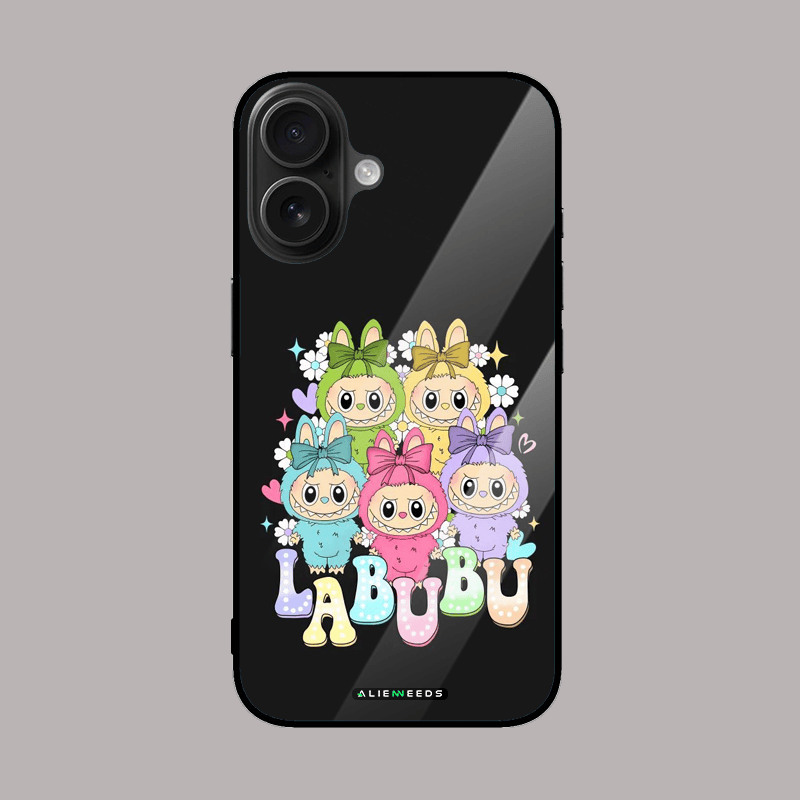 Labubu collage glass case – colorful mobile cover.