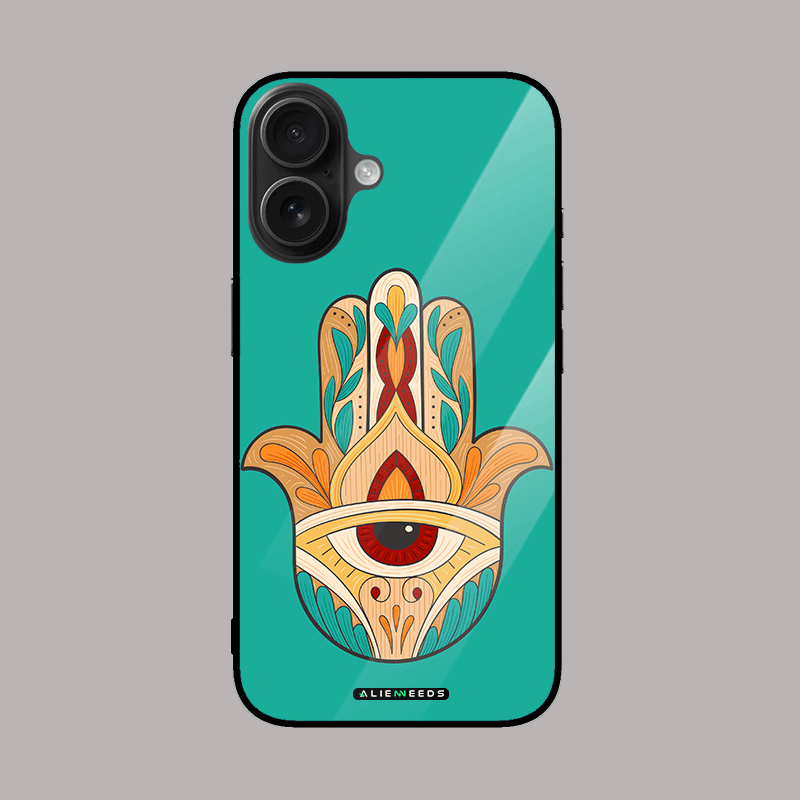 Sacred Hamsa protection glass case by alienneeds – spiritual mobile cover.