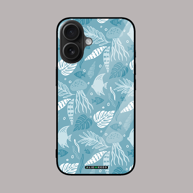 Sea pattern in blue oceanic glass phone case – calming design.