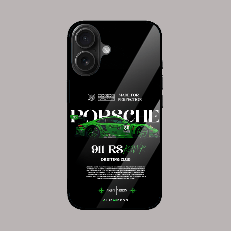 Porsche 911 RS Green Edition glass phone case – premium design.