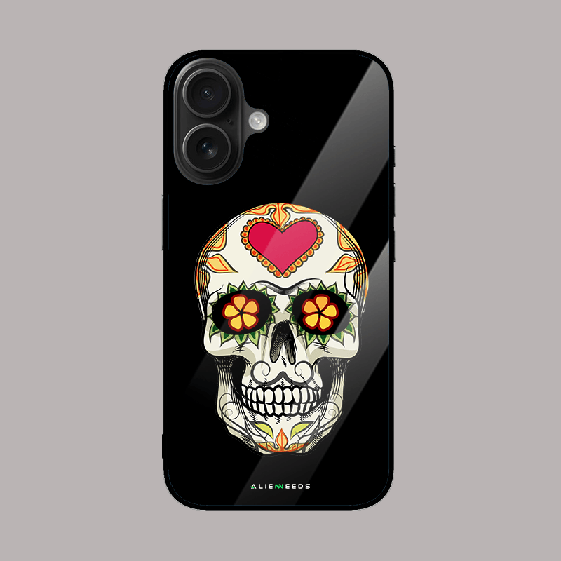 Sugar skull with flower eyes glass case by alienneeds – colorful style.
