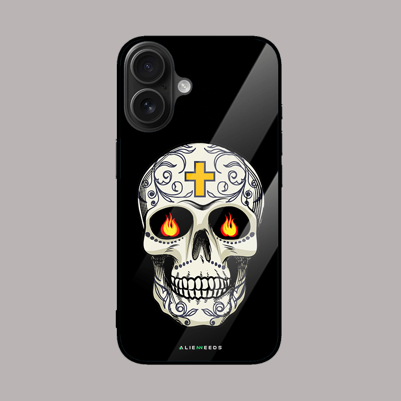 Sugar skull with flame eyes mobile phone cover – bold design.