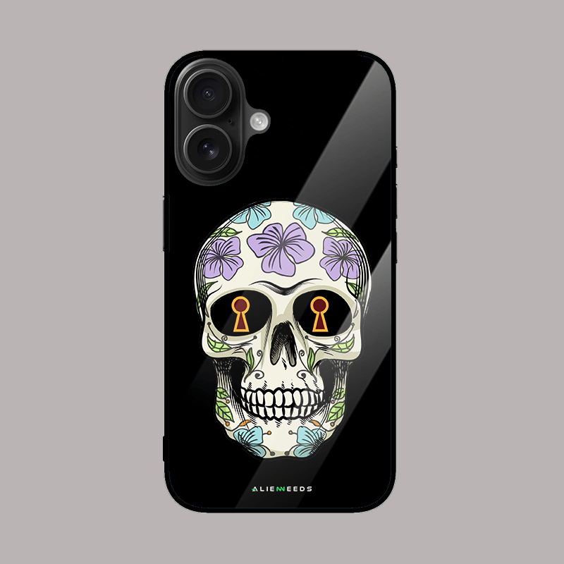 Sugar skull with keyhole eyes glass case by alienneeds.