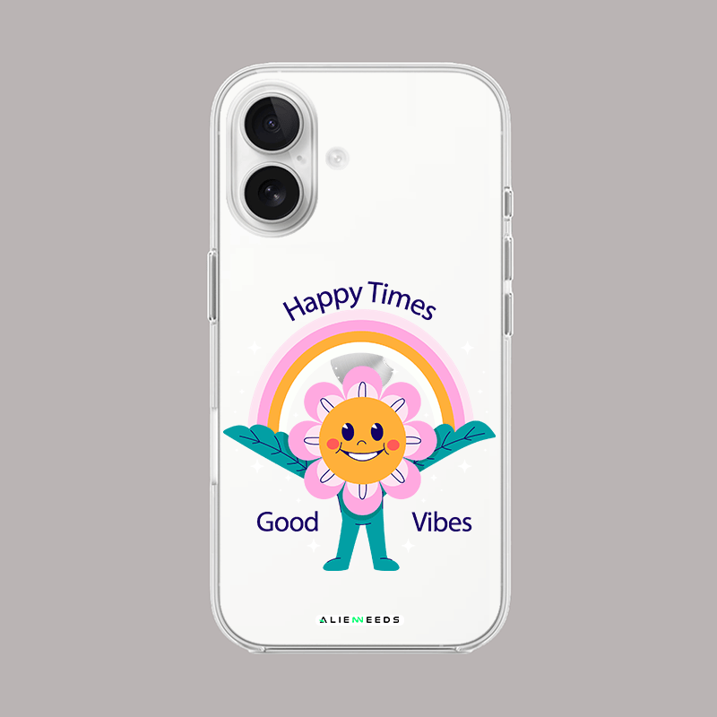 Happy Times Good Vibes joyful clear silicone phone case by alienneeds – fun design.
