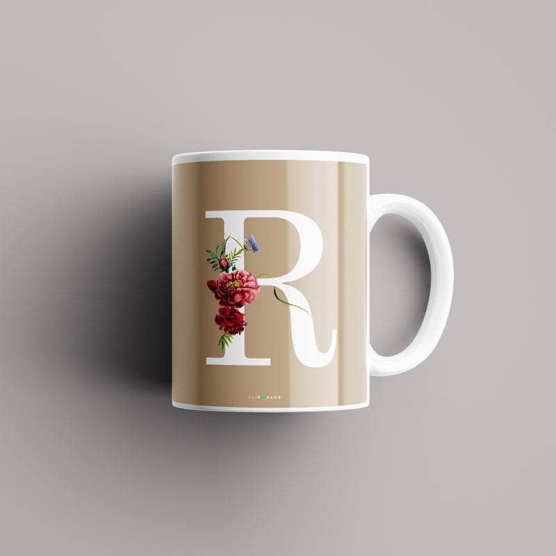 Aesthetic warm beige Alphabets Mug - Alienneeds.in