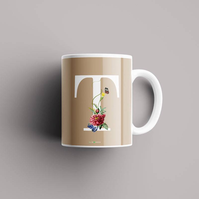 Aesthetic warm beige Alphabets Mug - Alienneeds.in