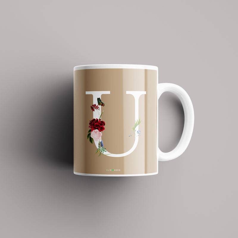 Aesthetic warm beige Alphabets Mug - Alienneeds.in