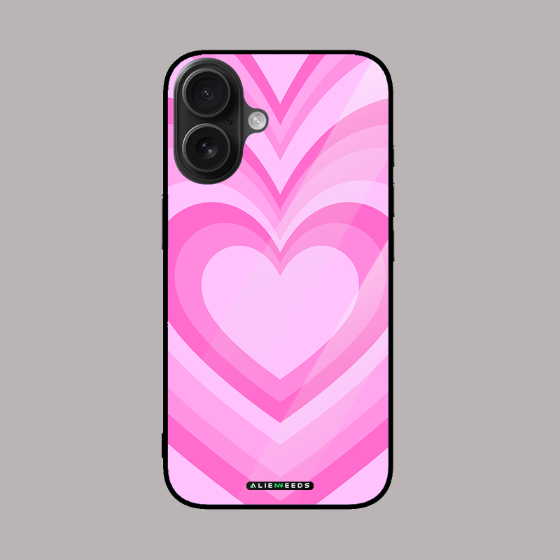 Pink heart glass phone case – cute mobile cover.