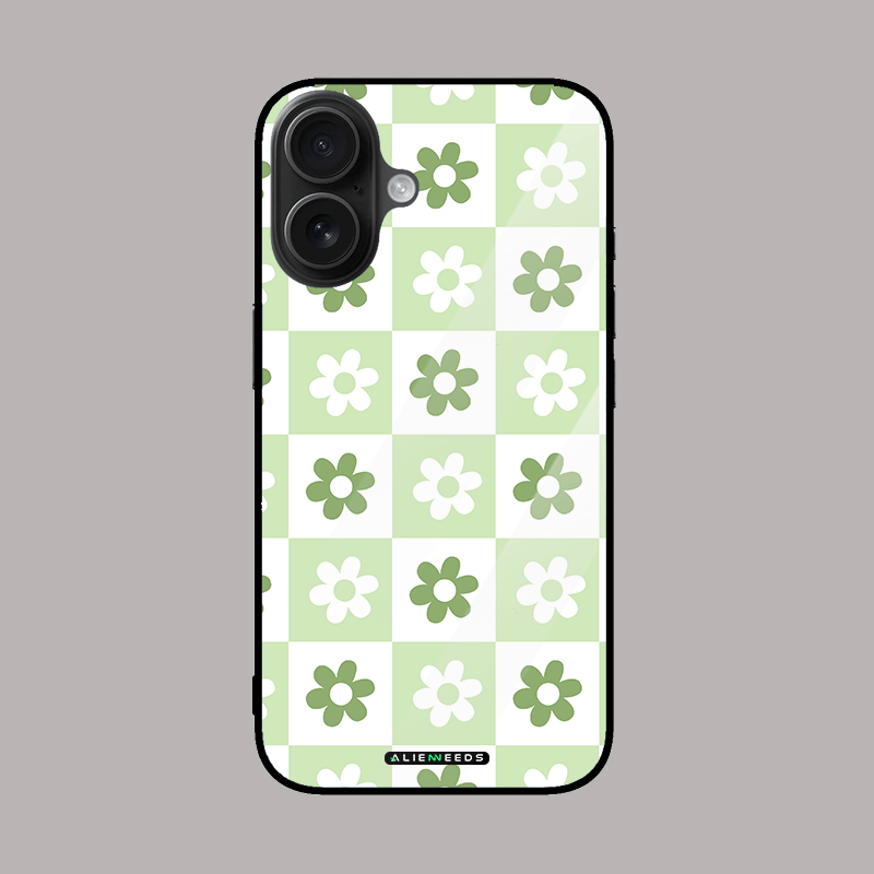 Green flower checkered pattern glass phone case – nature-inspired.