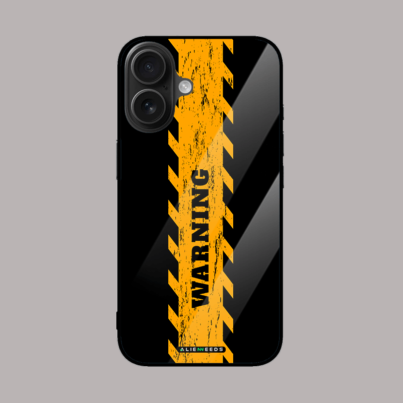 Warning text design glass case by alienneeds – bold statement.