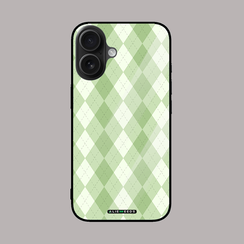 Green argyle pattern glass case – classic style.