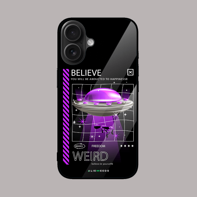 Believe spaceship glass case by alienneeds – cosmic mobile cover.
