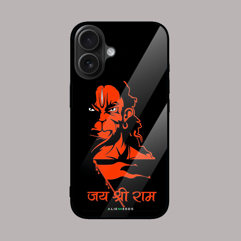 Hanuman Jai Sree Ram glass phone case by alienneeds – spiritual design.