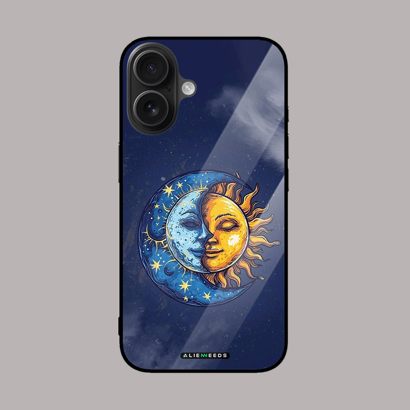 Sun and moon glass phone cover – balanced design.