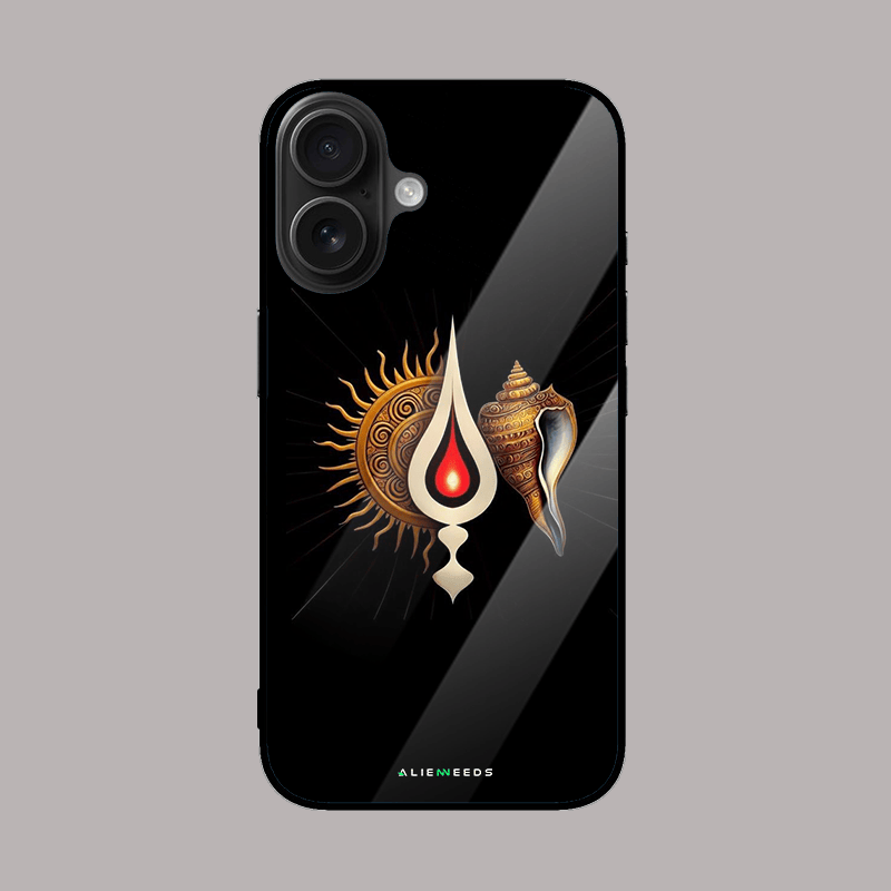 Sun Tilak Shankha glass phone case – spiritual design.