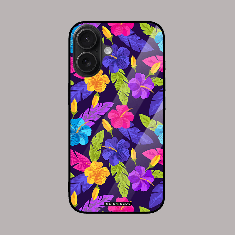 Vibrant floral fantasy glass phone case by alienneeds – colorful botanical design.