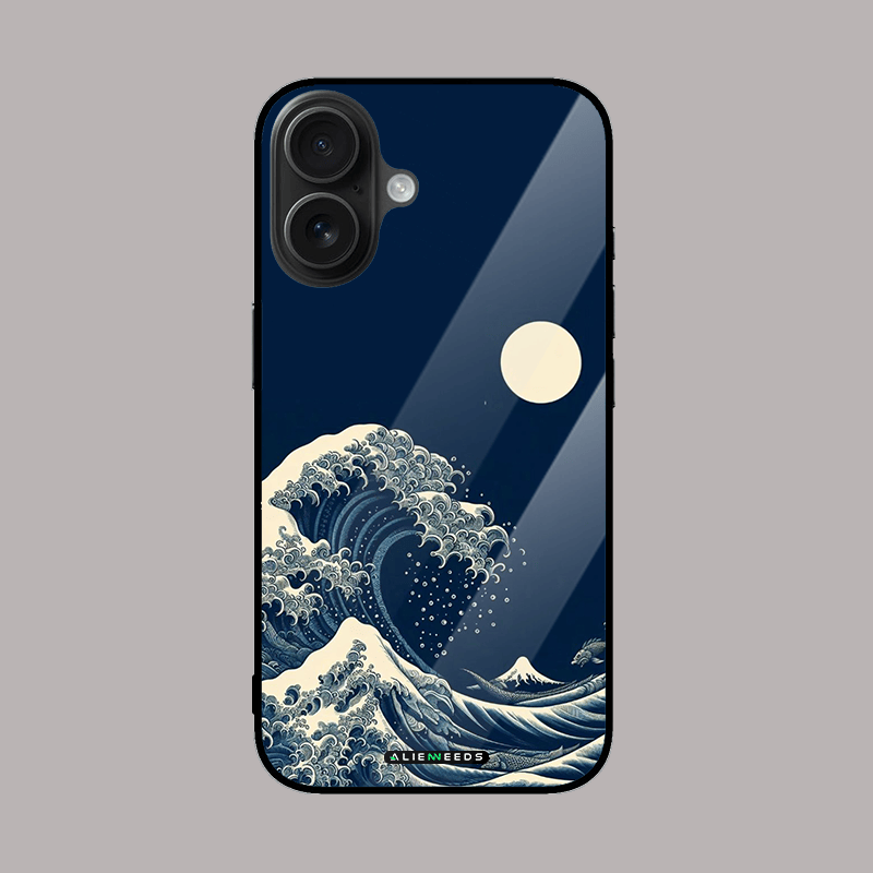 Japanese wave with moon glass phone cover.