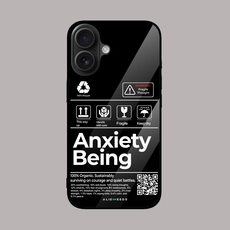 The Anxiety Being glass phone case by alienneeds – expressive design.