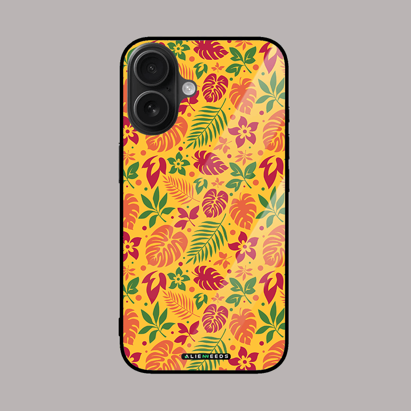 Golden tropic leaf vibe glass case by alienneeds – radiant botanical cover.