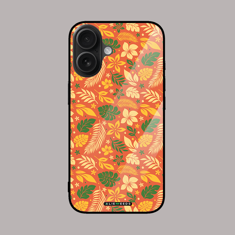 Sunset tropic leaf glow glass phone case by alienneeds – warm tropical design.