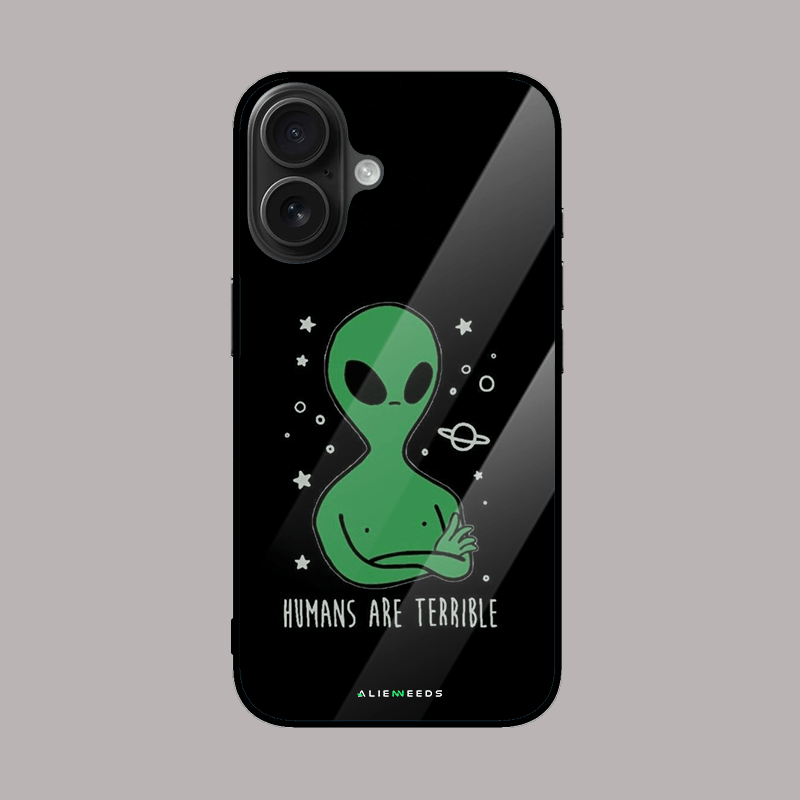 Humans Are Terrible glass phone cover – bold design.