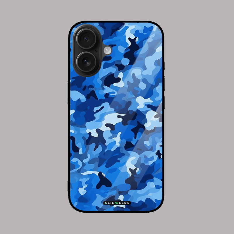 Blue camouflage glass phone case – stylish and rugged.