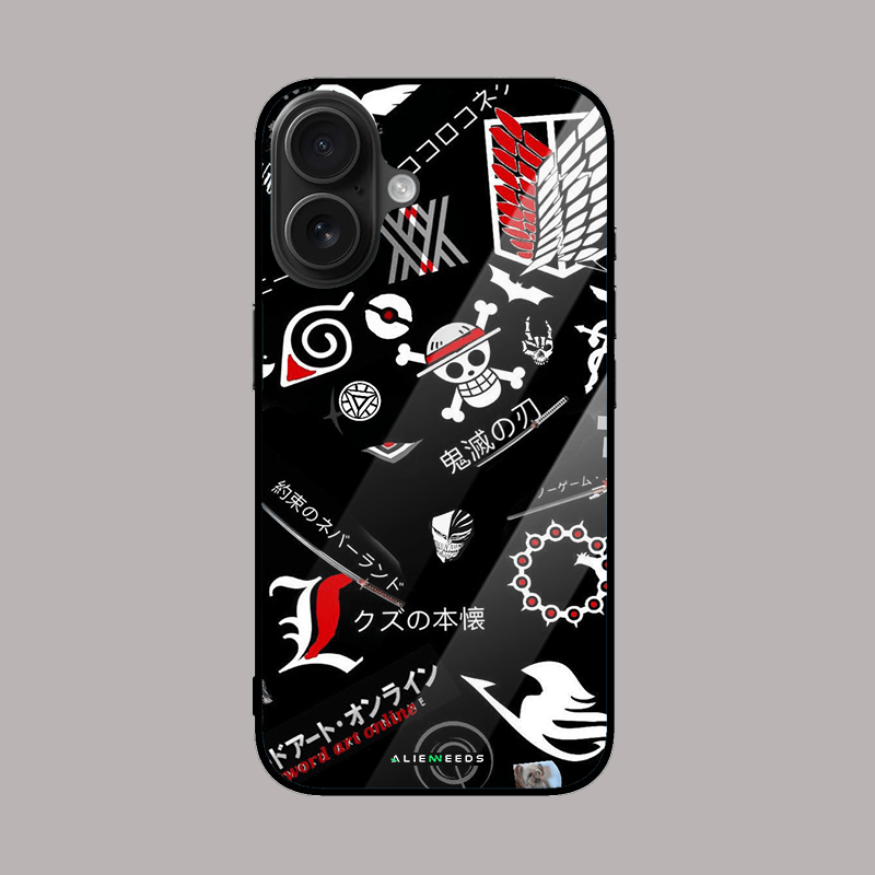 Anime collage of symbols phone case – vibrant glass cover.
