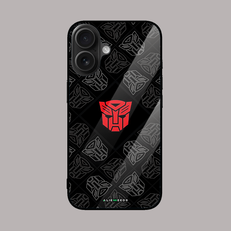 Autobot logo pattern phone case – robot-themed glass cover.