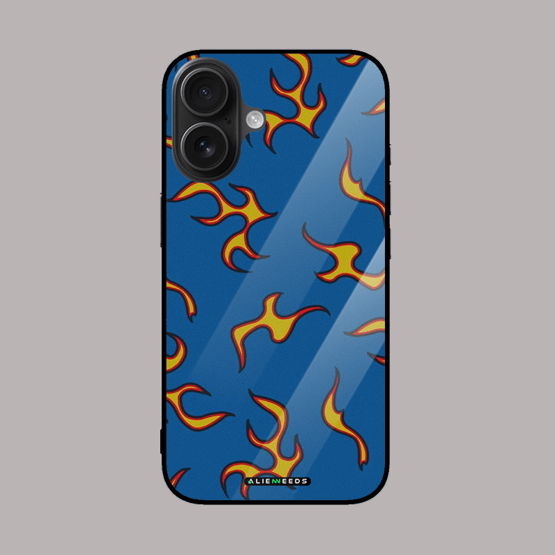 Blue flame pattern phone case – fiery glass back.