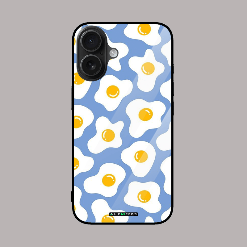 Fried eggs blue background phone case – fun glass cover.