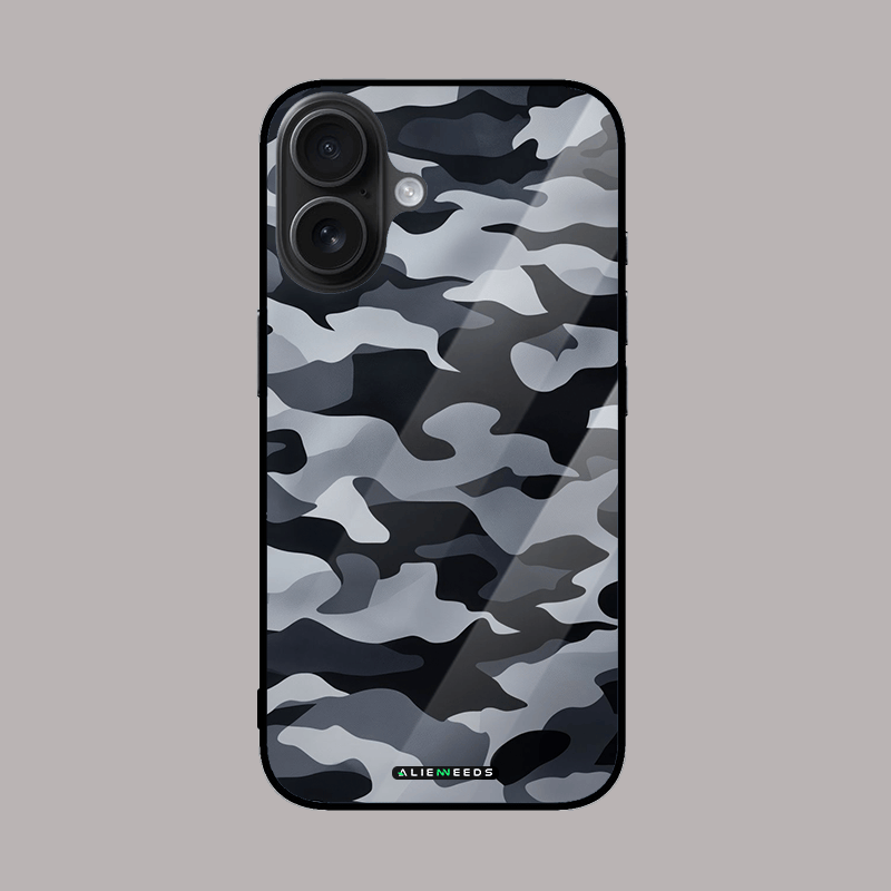 Black and grey topography glass case – sleek phone cover.