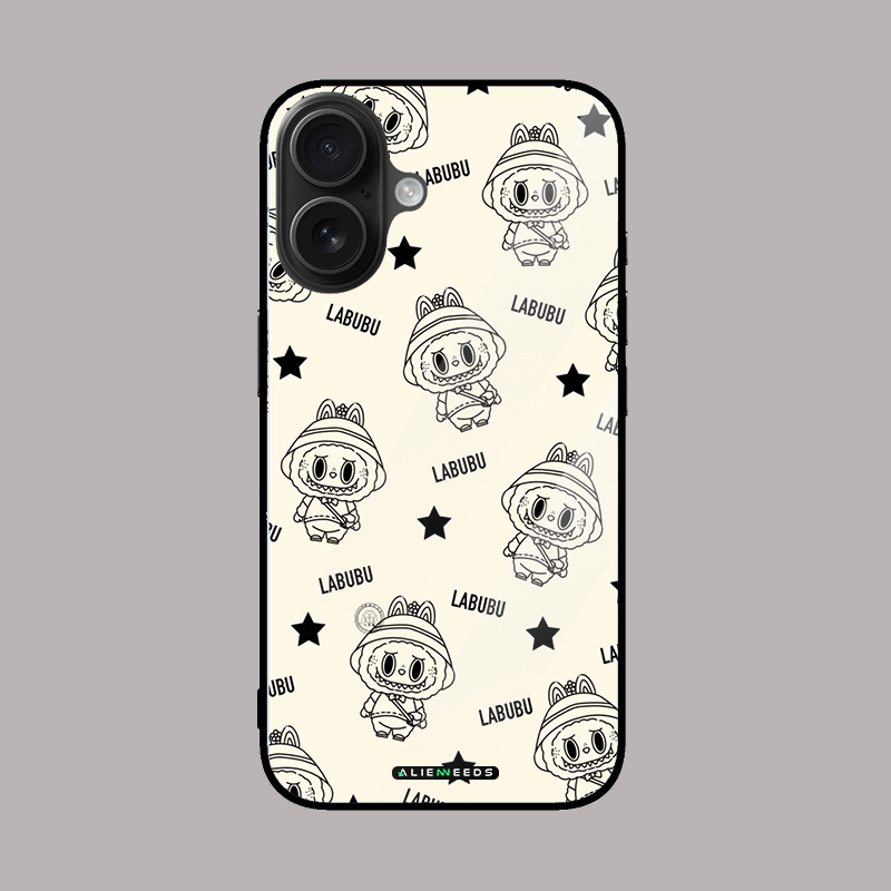 Black and white Labubu glass phone cover – minimalist style by alienneeds.